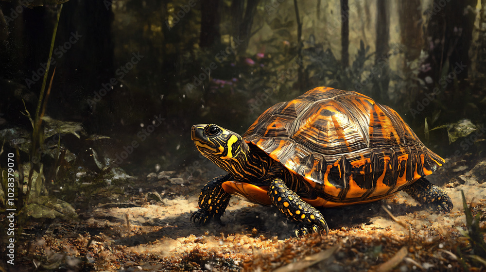 Obraz premium A charming ornate box turtle exploring the forest floor
