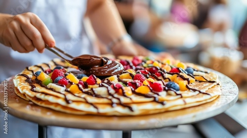 Woman preparing crepes with fruits and chocolate sauce, people watching, street food, sweet treats