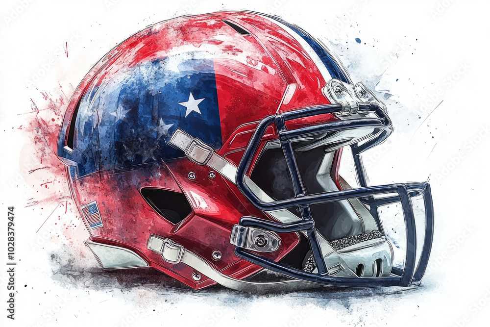 Football helmet with USA flag design, side view, no shadow, retro vector, used, old helmet, flat, paint style, watercolor style, Football helmet with USA flag design, side view, no shadow, retro vector, used, old helmet, flat, paint style, watercolor style,