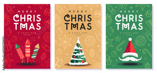Set of Merry Christmas and Happy New Year greeting cards, covers or posters with holiday attributes. Christmas background. Flat design. Vector illustration