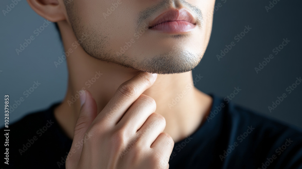 Obraz premium Asian man touch his face with his hand, showing his beautiful skin and freshly shaved beard