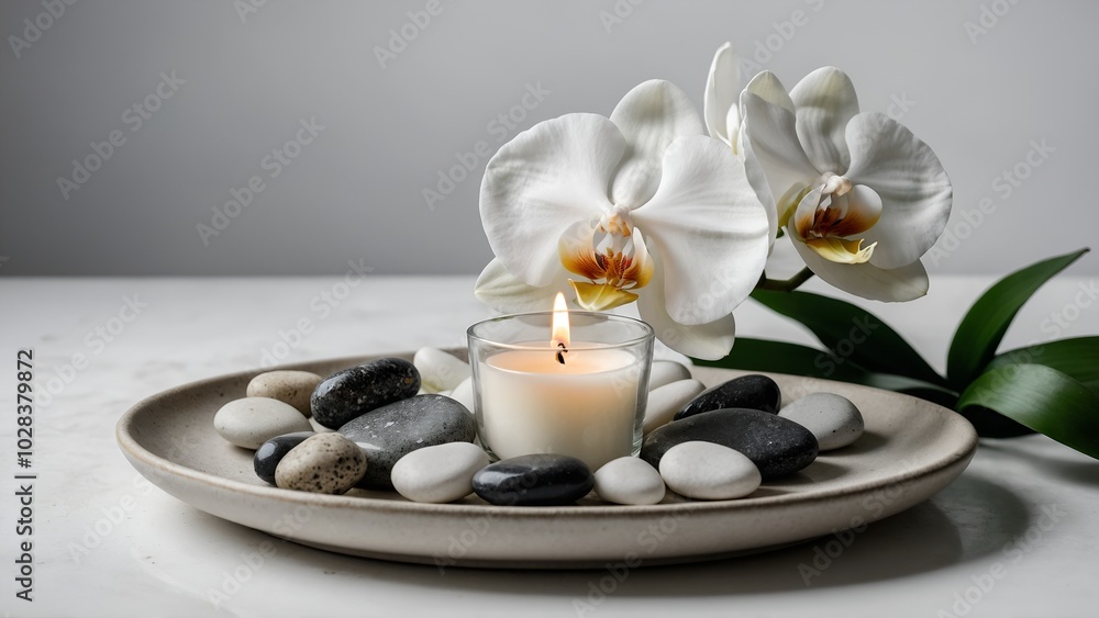 Floral home decor with white orchid, candle and stones on ceramic plate isolated on white background
Floral home decor with white orchid, candle and stones on ceramic plate isolated on white background