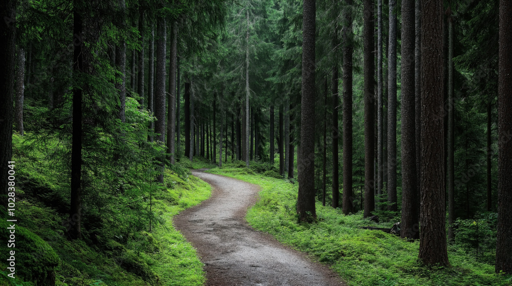 Winding dirt path through a dense evergreen forest with tall trees and lush green undergrowth. Winding dirt path through a dense evergreen forest with tall trees and lush green undergrowth.