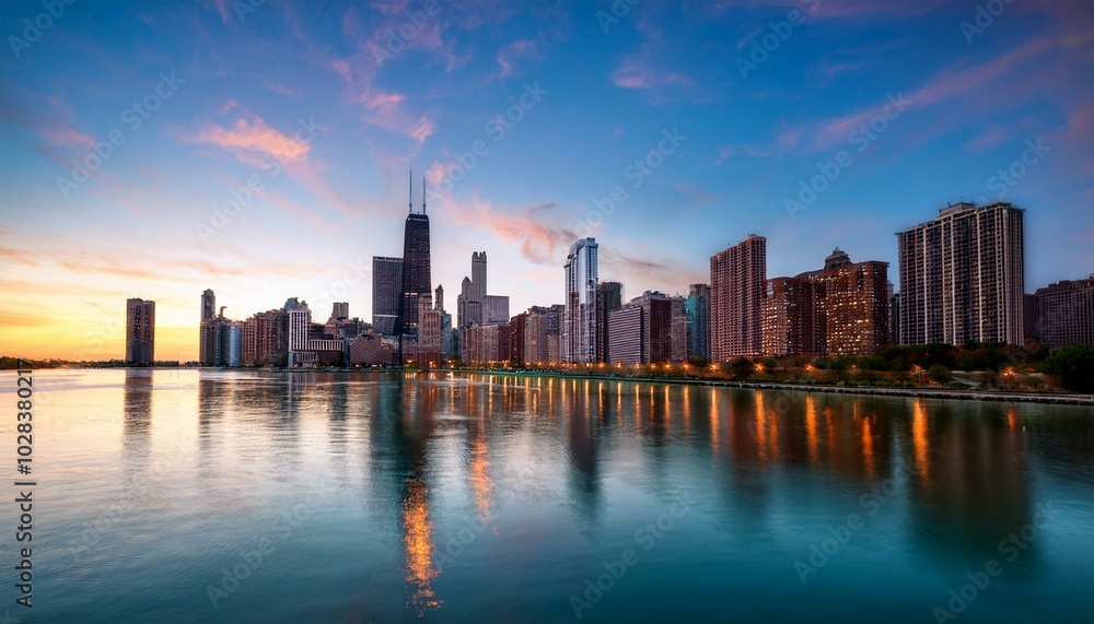 Sun-kissed skyscrapers reflecting in the tranquil waters of the Chicago River. Sun-kissed skyscrapers reflecting in the tranquil waters of the Chicago River.