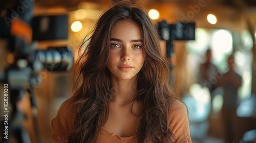 attractive women long dark brown hair at photoshoot surrounded by distant camera