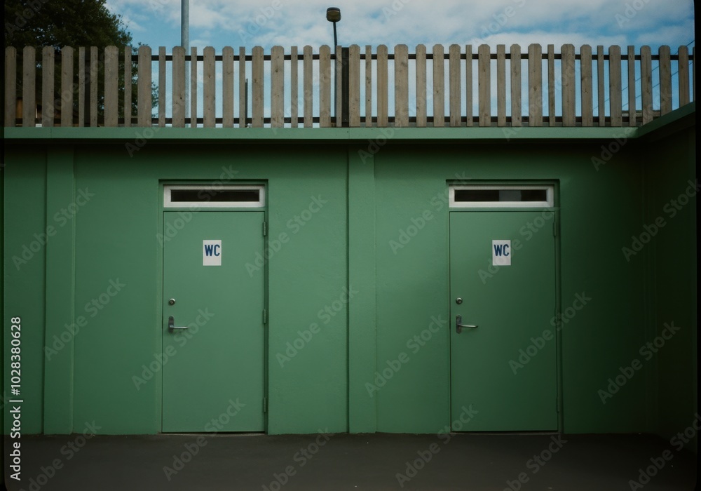 Modern green public restroom doors against minimalist fence background Modern green public restroom doors against minimalist fence background