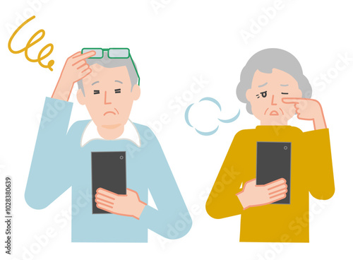 老眼、かすみ目、見えづらくて困りながらスマホを見る老夫婦のイラスト