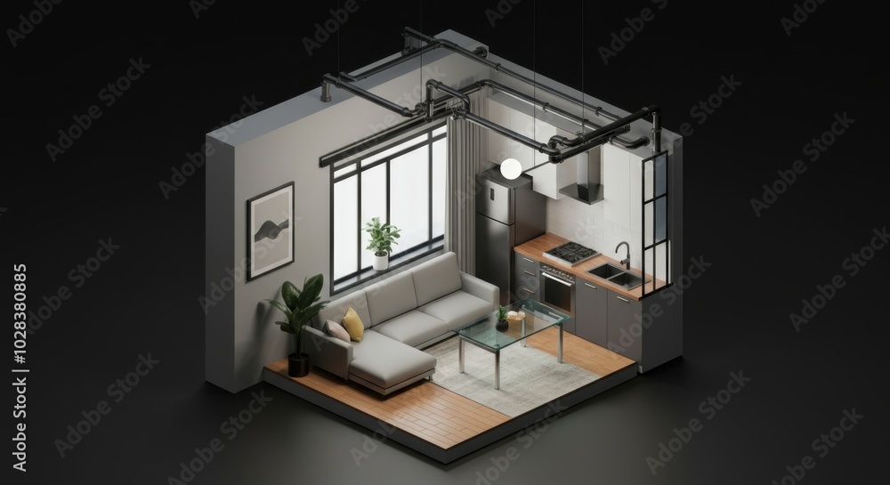 Modern minimalist loft apartment interior design with cozy living area and kitchen Modern minimalist loft apartment interior design with cozy living area and kitchen