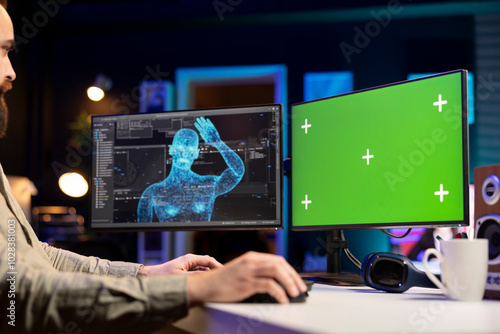 Self aware AI gaining humanoid form inside green screen computer, waving hand, saluting developer. Artificial intelligence becoming sentient, greeting IT admin from chroma key PC photo