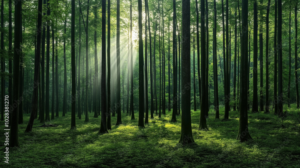 Fototapeta premium Serene forest with tall trees and sunlight filtering through the canopy, casting rays on lush green undergrowth in a tranquil woodland setting.