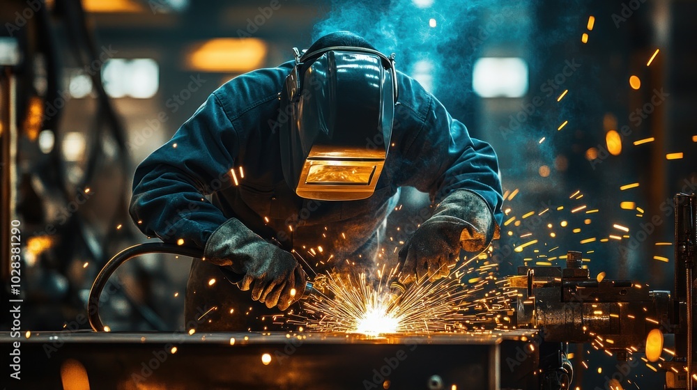 A welder works on metal, creating sparks in an industrial environment. A welder works on metal, creating sparks in an industrial environment.