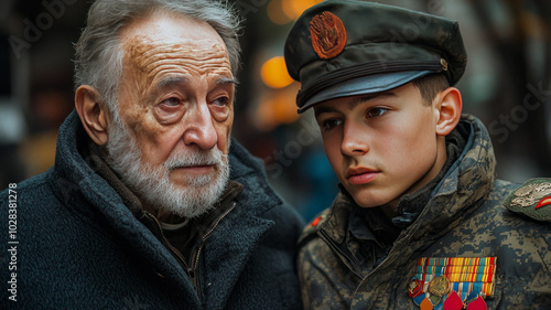 older veteran in plain clothes and younger soldier in military uniform facing each other and saluting