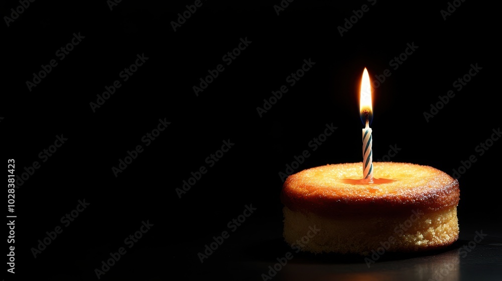 cake with one burning candle isolated on black background, template concept with copy space, decorative design of card, banner, poster cake with one burning candle isolated on black background, template concept with copy space, decorative design of card, banner, poster