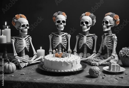 A skelaton celebrated birthday cake with candles in the black background photo