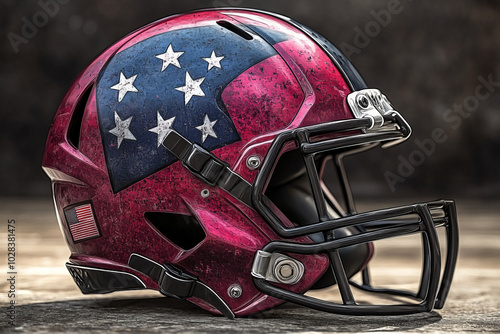 Football helmet with USA flag design, side view, no shadow, retro vector, used, old helmet, flat, paint style, watercolor style, photo