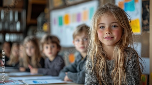 A young European girl with long, blonde hair smiles in a classroom filled with other students engaged in their work. The background shows colorful papers.