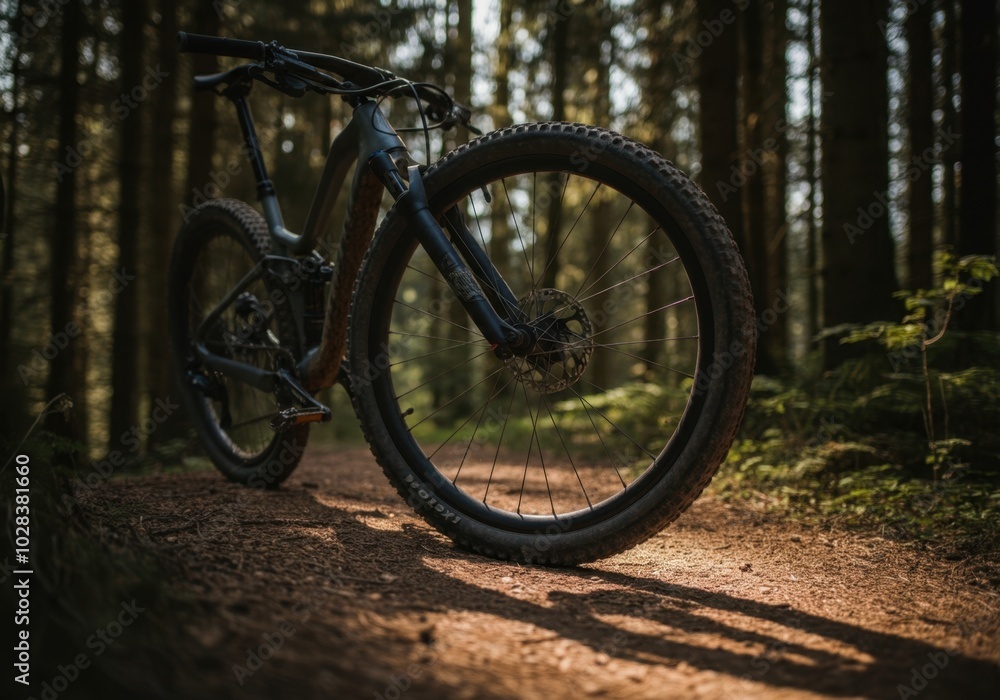 Mountain bike adventure on forest trail in warm sunlight Mountain bike adventure on forest trail in warm sunlight
