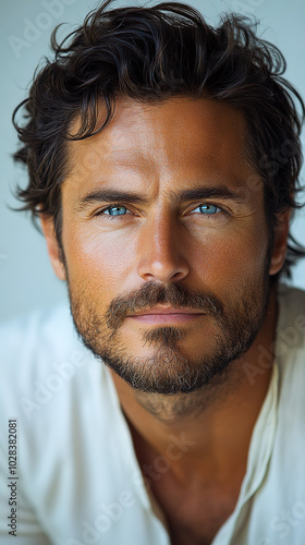 A Professional Male Portrait with Blue Eyes, Wearing a Gray Round-neck T-shirt, Featuring Dense Eyebrows and a Serious Expression