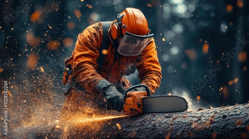 A logger using a chainsaw to cut a tree in a forest, surrounded by flying wood particles.