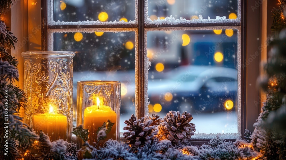 Cozy Winter Scene with Candles and Snowy Window Cozy Winter Scene with Candles and Snowy Window