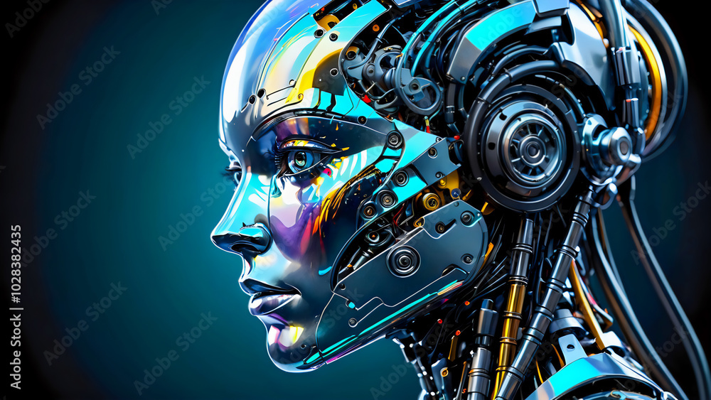 Fototapeta premium Profile shot of beautiful android with female face. Colorful reflection on the face.