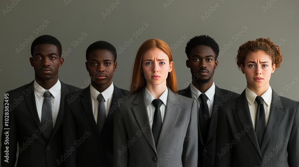young group of job applicants front facing standing side by side in a line , all wearing formal business suits. young group of job applicants front facing standing side by side in a line , all wearing formal business suits.