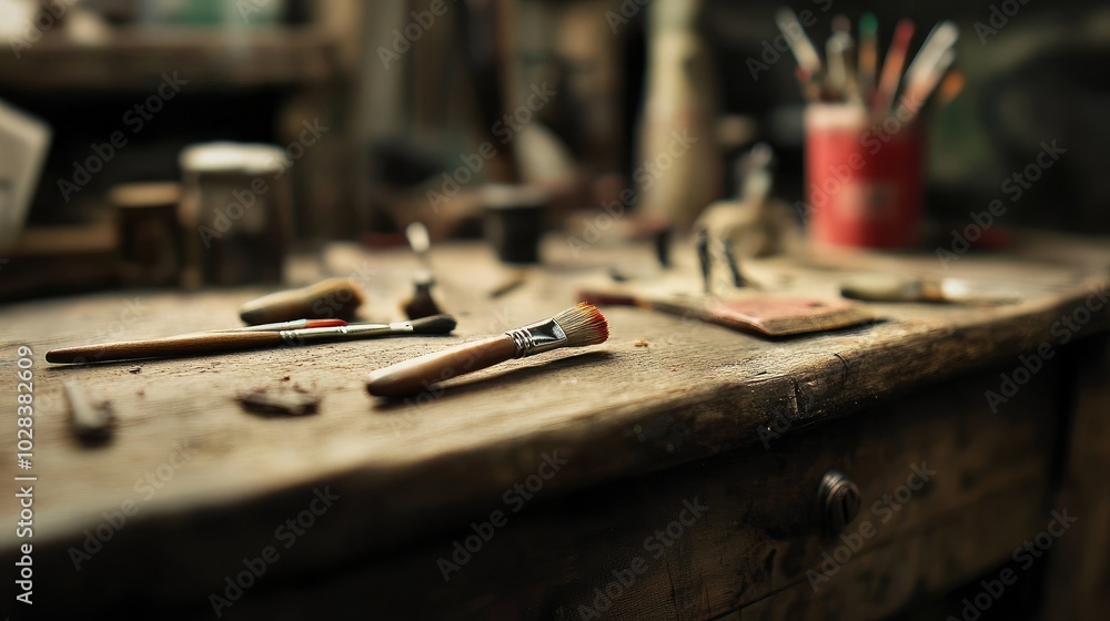Rustic Artist Workspace with Paintbrushes and Tools Rustic Artist Workspace with Paintbrushes and Tools