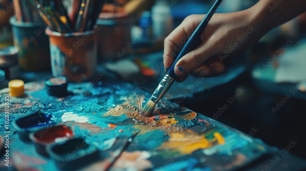 Vibrant Artist Palette with Brush in Action Vibrant Artist Palette with Brush in Action