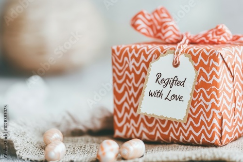 gift-wrapped box sitting on a table, with a tag that says Regifted with Love photo