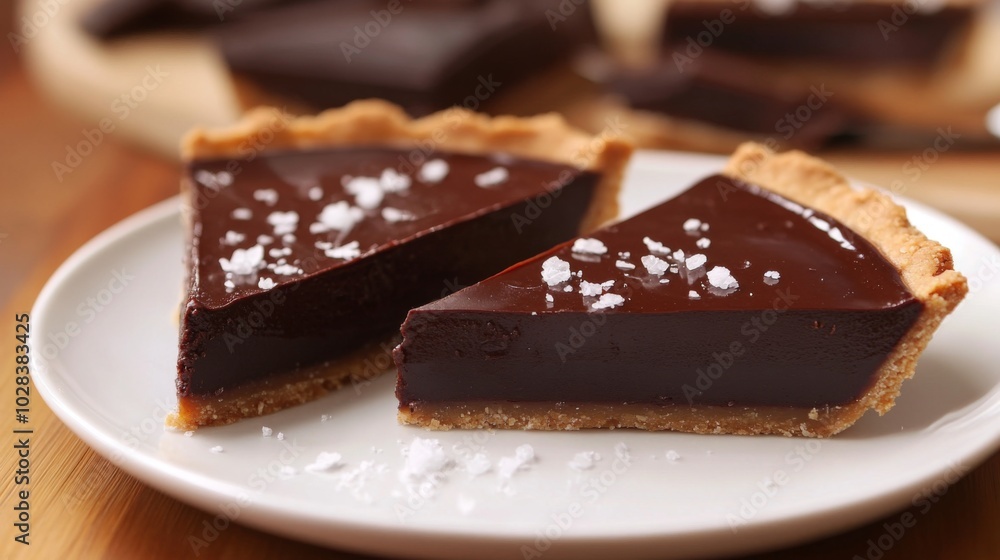 Two slices of chocolate tart with flaky crust and sea salt on top on a white plate. Two slices of chocolate tart with flaky crust and sea salt on top on a white plate.