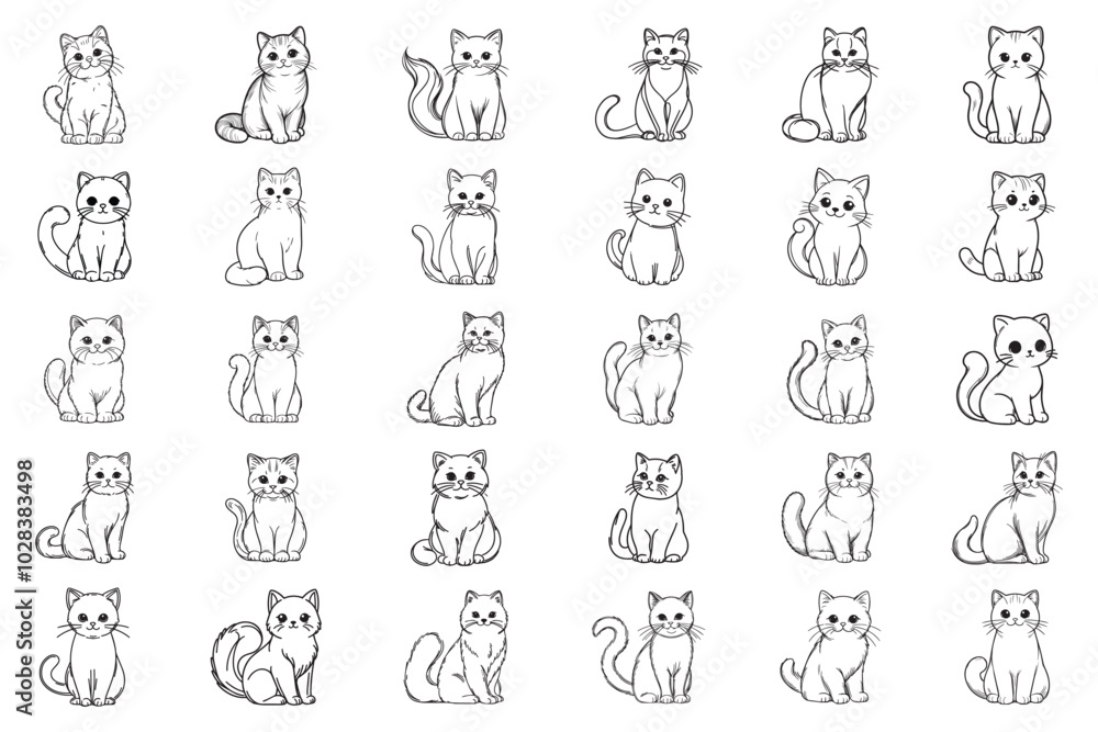 Naklejka premium Bundle Line Art Pet Cute Cat Playful Sitting Pose Art playful pet cat Illustration Hand Drawn Clipart