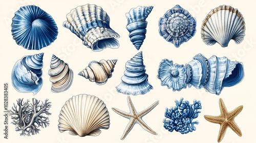 A Series of Intricate Blue-toned Sea Creatures, Including Shells, Starfish, and Coral, Rendered in Vibrant Watercolor with Delicate Details
