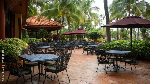 Serene Outdoor Dining Area Surrounded by Palm Trees