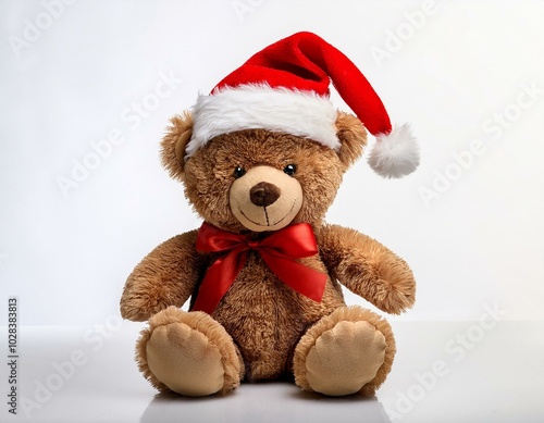 Brown Teddy bear peluche with red bow and Santa Claus hat against white background