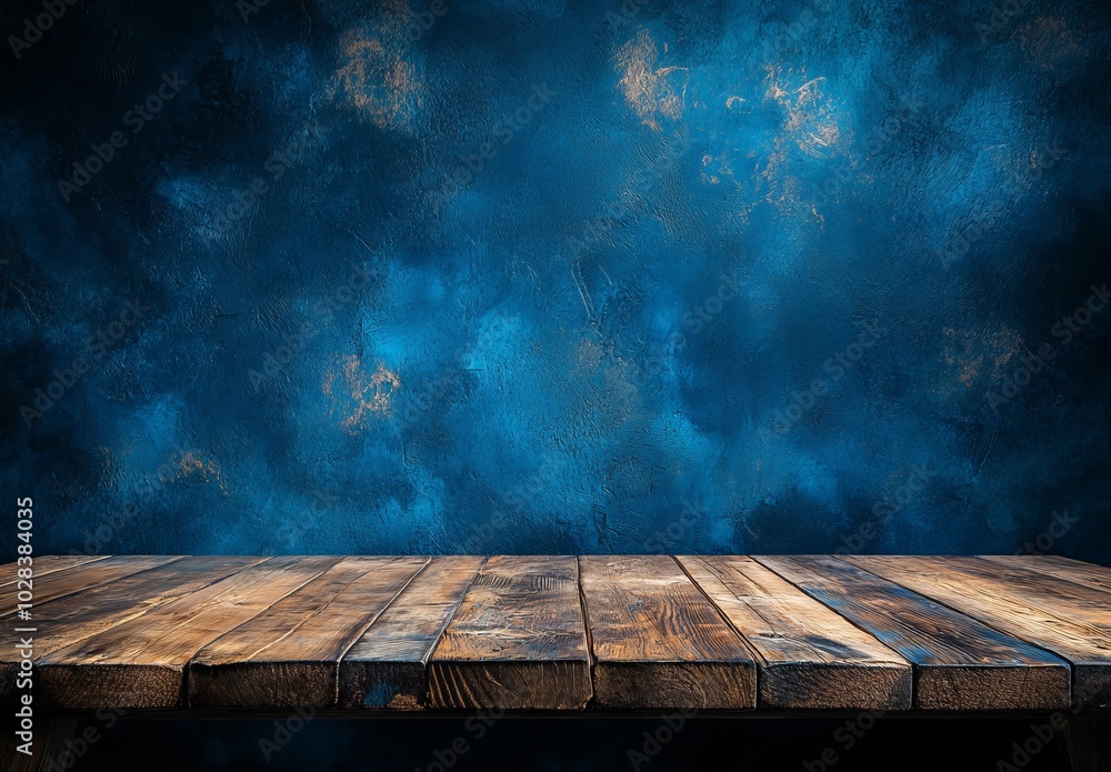 Rustic wooden table with dark blue background. Rustic wooden table with dark blue background.