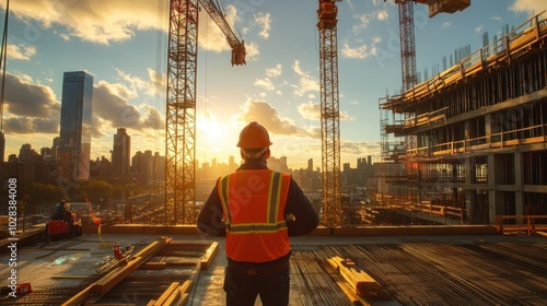 A construction worker observes a sunset at a building site with cranes in the background. photo