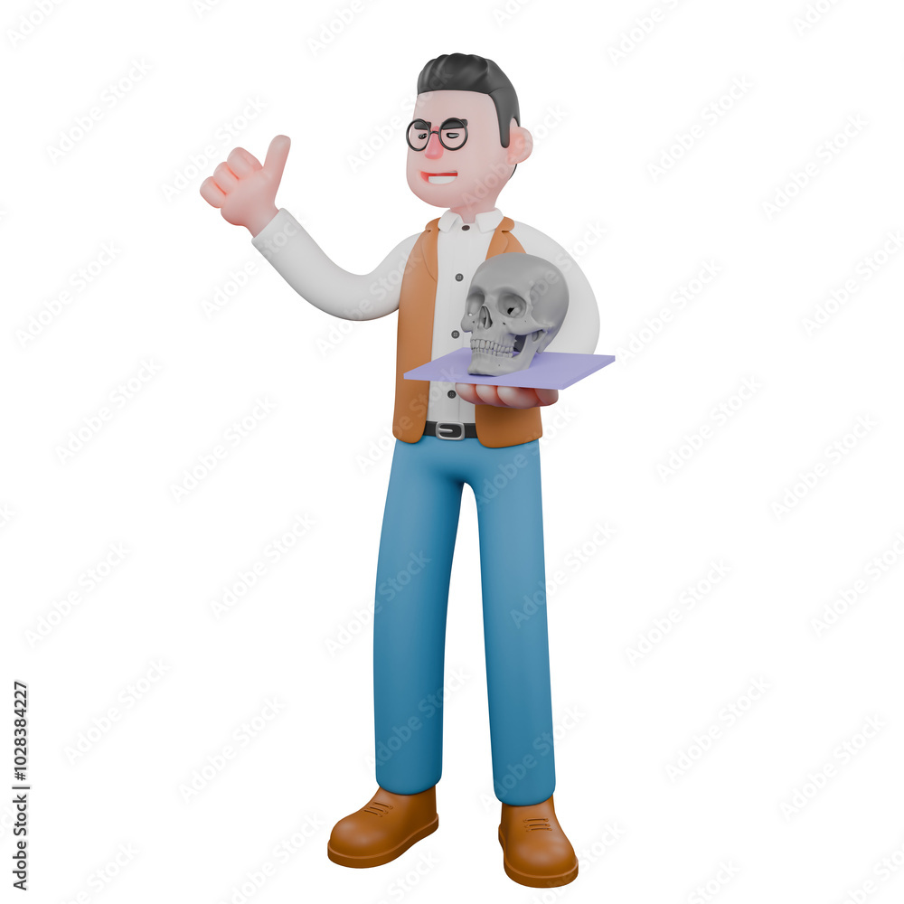 3D Male Anthropologist in Museum. A male anthropologist is standing while carrying a human skull and raising his thumb. Professional Character 3D Male Anthropologist in Museum. A male anthropologist is standing while carrying a human skull and raising his thumb. Professional Character