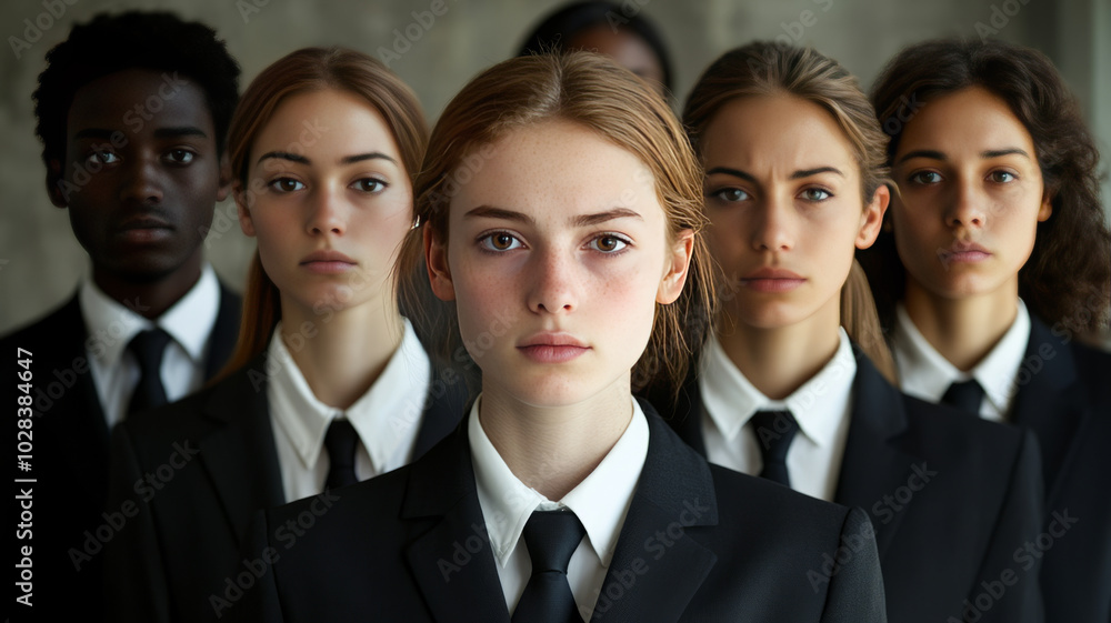 young group of job applicants front facing standing side by side in a line , all wearing formal business suits. young group of job applicants front facing standing side by side in a line , all wearing formal business suits.
