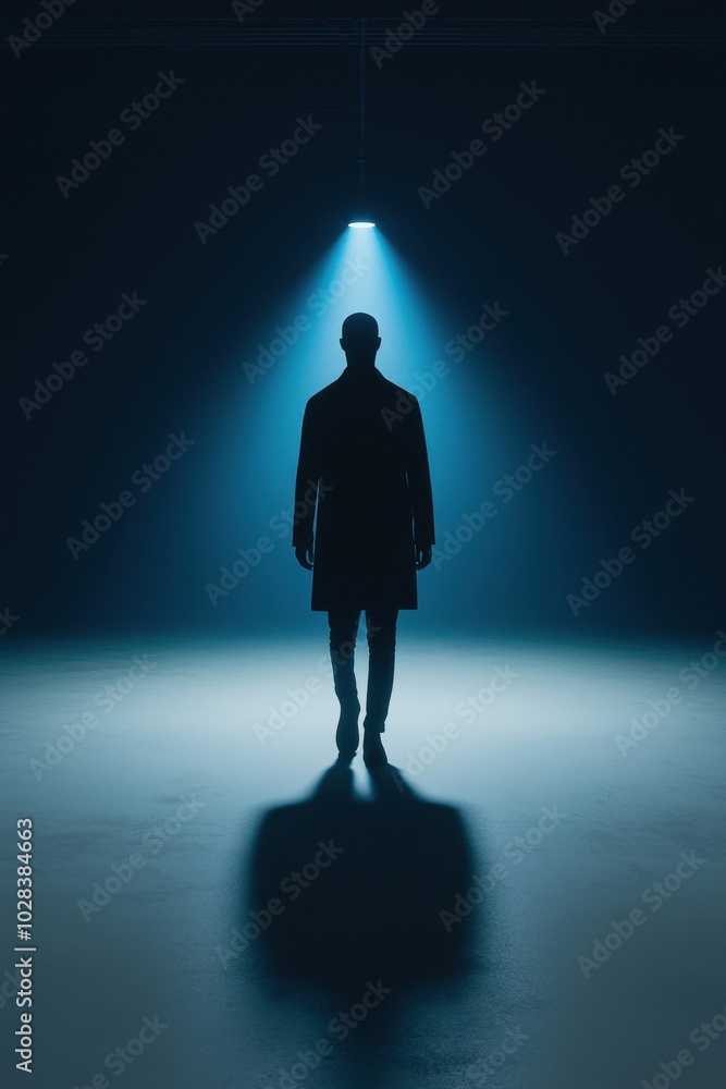 Silhouette of a person standing under a spotlight in a dark setting. Silhouette of a person standing under a spotlight in a dark setting.