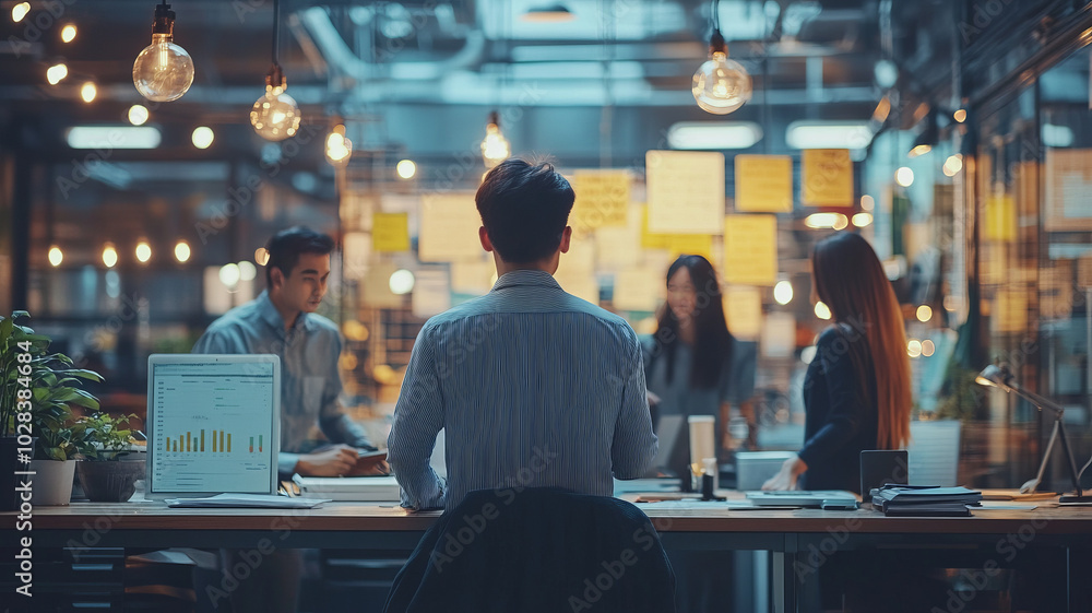 Young Asian business team collaborating on a project, vibrant office environment, energetic teamwork with innovative ideas flowing. Young Asian business team collaborating on a project, vibrant office environment, energetic teamwork with innovative ideas flowing.