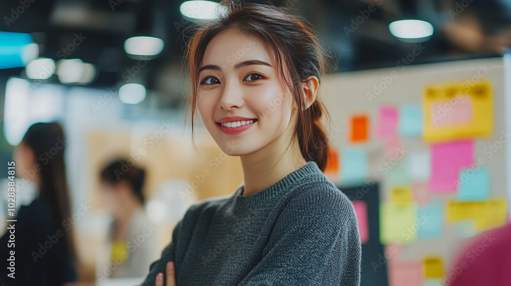 Young Asian business team collaborating on a project, vibrant office environment, energetic teamwork with innovative ideas flowing. Young Asian business team collaborating on a project, vibrant office environment, energetic teamwork with innovative ideas flowing.
