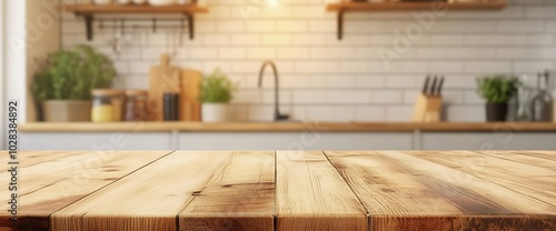 Empty wooden countertop with blurred kitchen background.