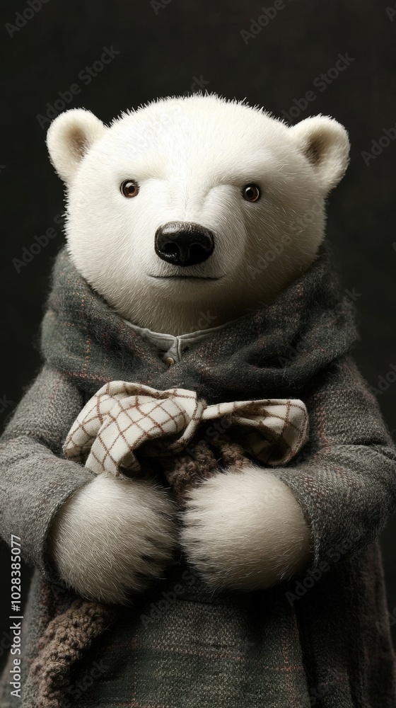 Polar bear plush toy dressed in cozy winter attire, holding a knitted scarf, AI Polar bear plush toy dressed in cozy winter attire, holding a knitted scarf, AI