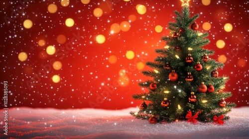 Christmas background with xmas tree and sparkle bokeh lights on red canvas background. Merry christmas card. Winter holiday theme. Happy New Year. Space for text