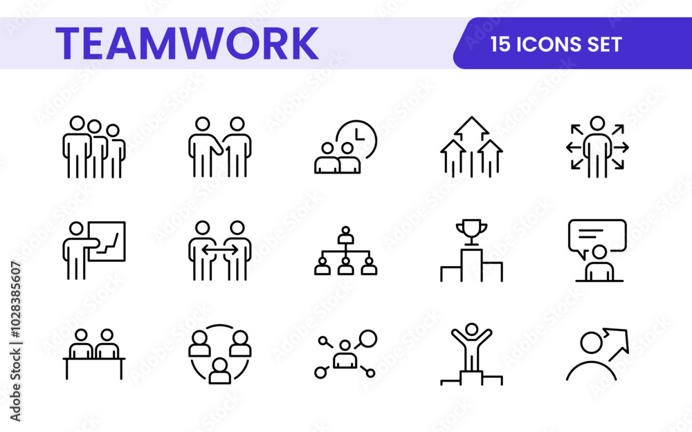 Teamwork linear icons collection. Set of coworking space icons. Business teamwork, team building, work group, and human resources minimal thin line web icon set. Teamwork linear icons collection. Set of coworking space icons. Business teamwork, team building, work group, and human resources minimal thin line web icon set.
