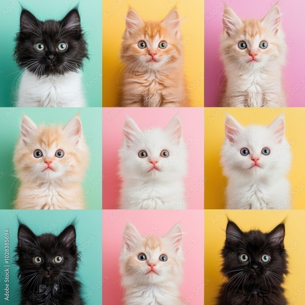 Adorable kittens with wide eyes are arranged in a colorful grid pattern, AI Adorable kittens with wide eyes are arranged in a colorful grid pattern, AI