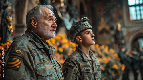 older veteran in plain clothes and younger soldier in military uniform facing each other and saluting