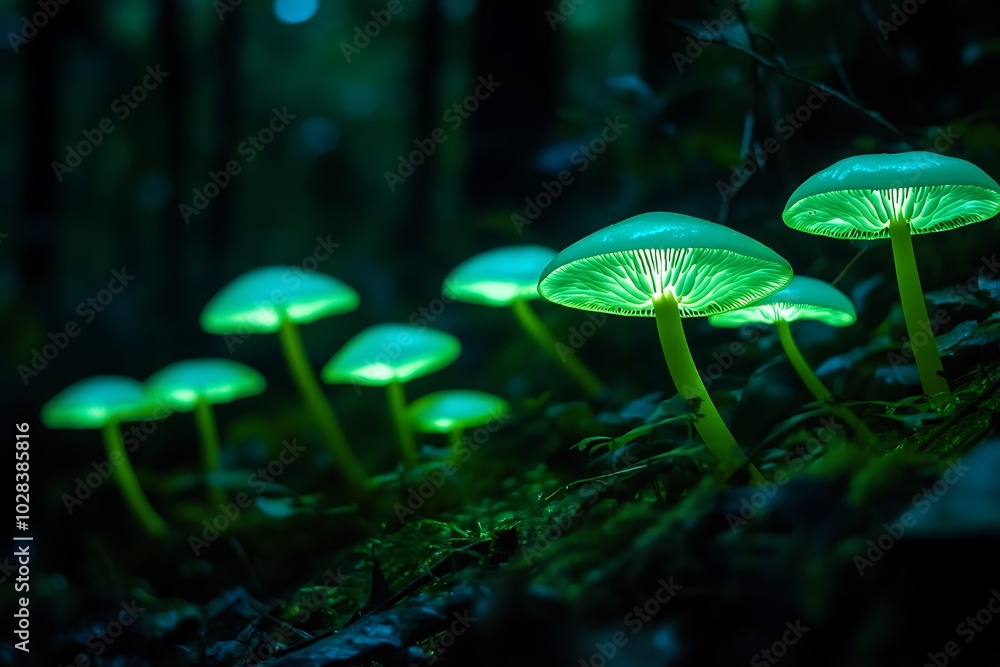 Fototapeta premium Glowing Green Mushrooms in a Dark Forest.