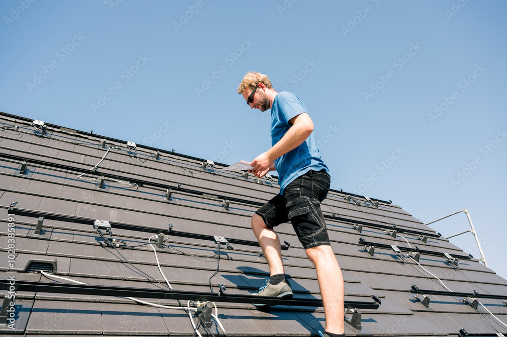 Worker reading instruction manual on rooftop under blue sky Worker reading instruction manual on rooftop under blue sky