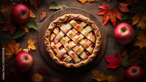 Delicious homemade apple pie on a wooden board surrounded by apples and autumn leaves. Thanksgiving or fall-themed food blogs and cookbooks.